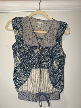 Patchwork Floral Sleeveless Camisole Top - Navy Blue